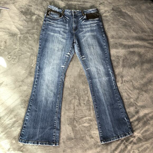 VTG Y2K Butterfly Embroidered Studded High Rise Flare Jeans Sz 14 Hippie Boho - Picture 12 of 12